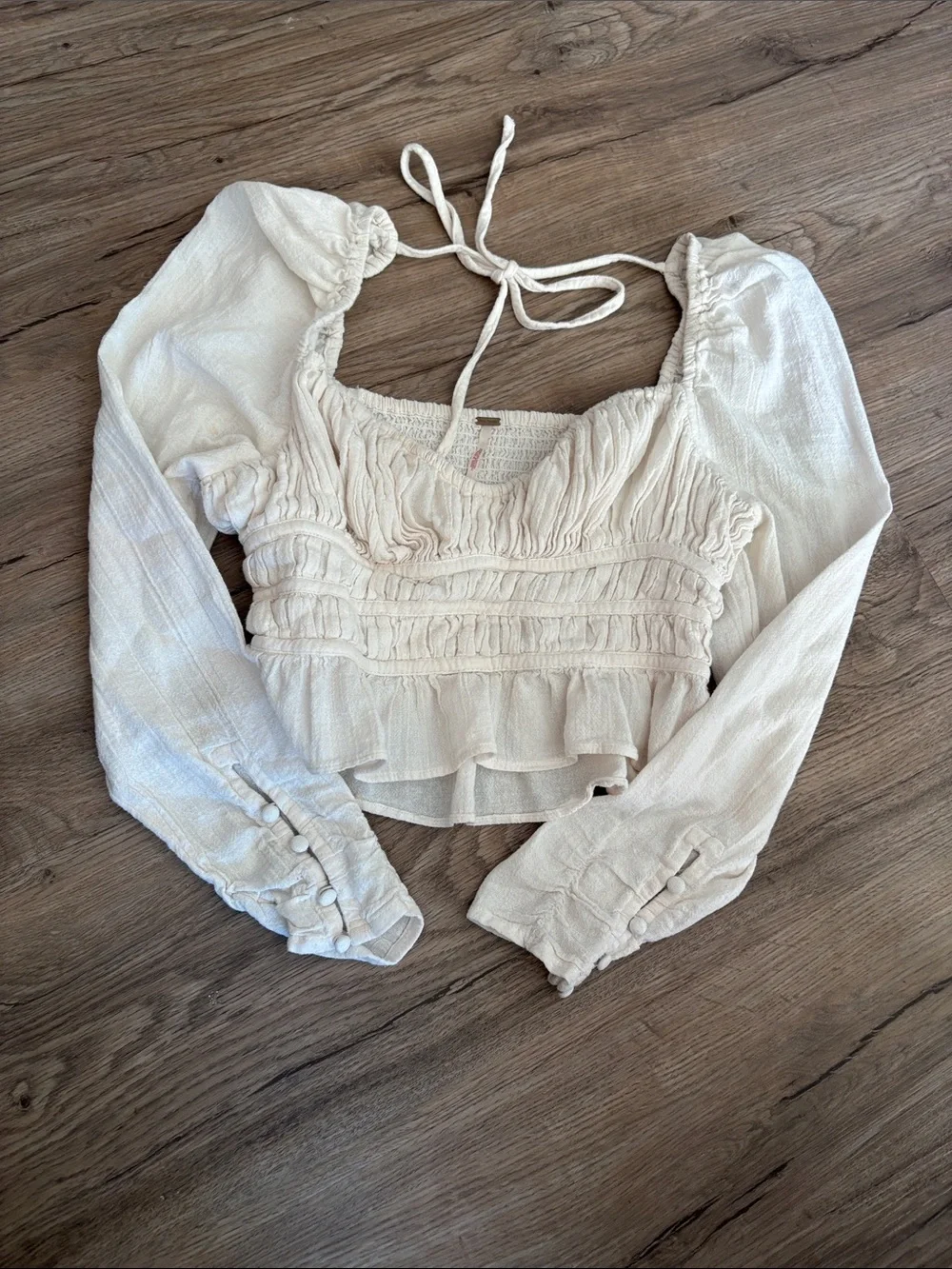 Free People Ivory Smocked Peplum Long Sleeve Tie-Back Top